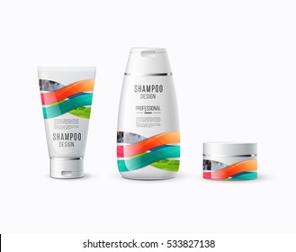 Abstract body care cosmetic brand concept. Tube cream, shampoo packaging. Realistic vector identity set template with colourful soft waves for beauty, medicine, healthcare. Design layout. Chrome line.