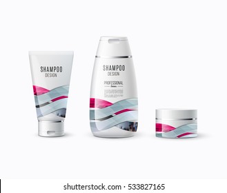 Abstract body care cosmetic brand concept. Tube cream, shampoo packaging. Realistic vector identity set template with pink soft waves for beauty, medicine, healthcare. Design layout. Chrome line.