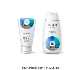 Abstract body care cosmetic brand concept. Cream, shampoo packaging. Realistic vector identity set template with blue circle round diagram for beauty, medicine, healthcare. Design layout.