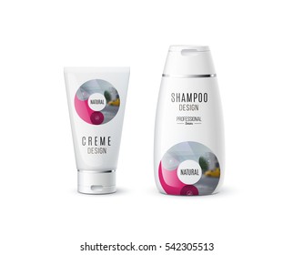 Abstract body care cosmetic brand concept. Cream, shampoo packaging. Realistic vector identity set template with pink circle round diagram for beauty, medicine, healthcare. Design layout.