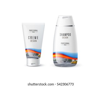 Abstract body care cosmetic brand concept. Cream, shampoo packaging. Realistic vector identity set template with colourful soft waves, smooth shapes for beauty, medicine, healthcare. Design layout.