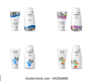 Abstract body care cosmetic brand concept. Cream, shampoo packaging. Realistic vector identity set template with colourful soft waves, smooth shapes for beauty, medicine, healthcare. Design layout.