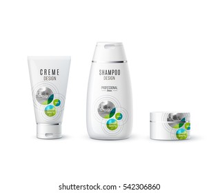 Abstract body care cosmetic brand concept. Cream, shampoo packaging. Realistic vector identity set template with rounds, circles, soft lines for beauty, medicine, healthcare. Design layout.