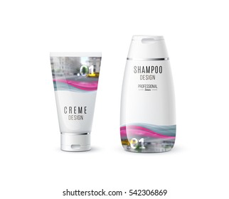 Abstract body care cosmetic brand concept. Cream, shampoo packaging. Realistic vector identity set template with pink grey soft waves, smooth shapes for beauty, medicine, healthcare. Design layout.