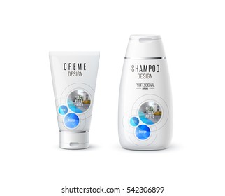 Abstract body care cosmetic brand concept. Cream, shampoo packaging. Realistic vector identity set template with rounds, circles, soft lines for beauty, medicine, healthcare. Design layout.