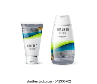 Abstract body care cosmetic brand concept. Cream, shampoo packaging. Realistic vector identity set template with green soft waves, smooth shapes for beauty, medicine, healthcare. Design layout.