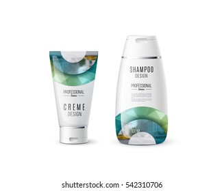 Abstract body care cosmetic brand concept. Tube cream, shampoo packaging. Realistic vector identity set template with half target, rainbow, circles for beauty, medicine, healthcare. Design layout.