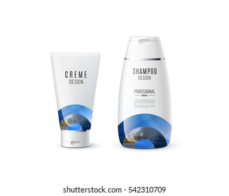 Abstract body care cosmetic brand concept. Tube cream, shampoo packaging. Realistic vector identity set template with half target, rainbow, circles for beauty, medicine, healthcare. Design layout.