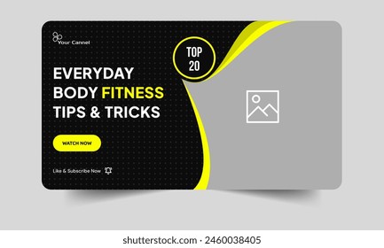 Abstract body fitness techniques video cover banner design, daily best fitness tips and tricks video thumbnail banner design, customizable vector eps 10 file format