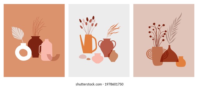 Abstract bohemian art aesthetic design. Arrangements of pottery and ceramic pots, vases with dry leaves, plants, flowers. 