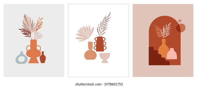 Abstract bohemian art aesthetic design. Arrangements of pottery and ceramic pots, vases with dry leafs, plants, flowers. 