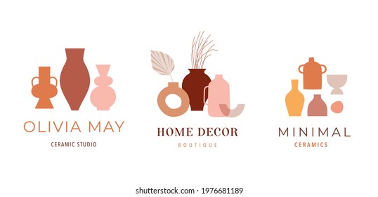 Abstract bohemian art aesthetic logo design. Arrangements of pottery and ceramic pots, vases with dry leafs, plants, flowers. 