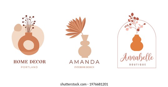 Abstract bohemian art aesthetic logo design. Arrangements of pottery and ceramic pots, vases with dry leafs, plants, flowers. 
