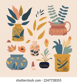 Abstract bohemian art aesthetic set of pottery and ceramic pots, vases with leafs, plants, flowers vector illustration for wall art  print decoration