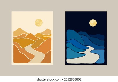 Abstract Bohemian Art Landscape Ochre and Indigo Tones. Boho Style. Mountain View, Sun, Moon, Hills. Vector Art Poster Set.