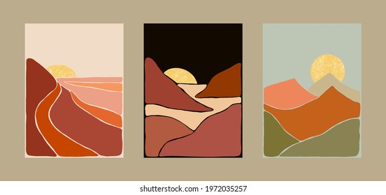 Abstract Bohemian Art Landscape Terracotta and Mint Green Tones. Boho Style. Mountain View, Sun, Moon, Hills. Vector Art Poster.