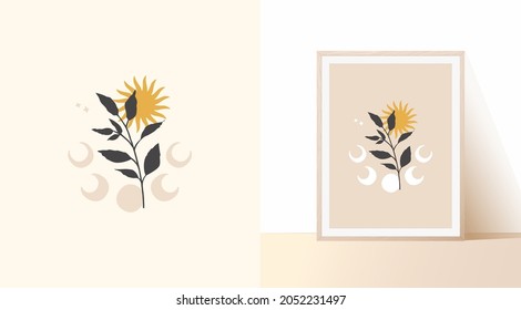 Abstract bohemian composition in light pastel colors. Mystical branch, sun and phases of the lunar cycle. Esoteric flat vector illustration.