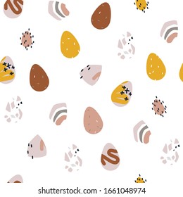 Huevos bohemios de chocolate de Pascua para los temas primaverales en un estilo simple y minimalista con formas geométricas de doodle modernas, arcos y mosaicos de terrazo. Papel digital para impresión en colores pastel