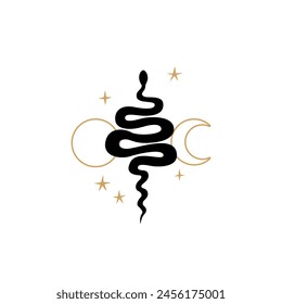 Abstract bohemian minimalist logo. Silhouette of snake with moon and sun symbols. Vector illustration on isolated background