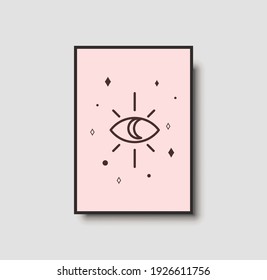 Abstract bohemian poster. Minimal wall art for luxury bohemian interior decor. Mythology and mystical poster with esoteric and boho objects. Eye line art on beige background. Abstract wall art poster