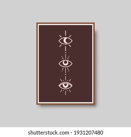 Abstract bohemian poster. Minimal wall art for luxury bohemian interior decor. Mythology and mystical poster with esoteric and boho objects. Eye line art on beige background. Abstract wall art poster