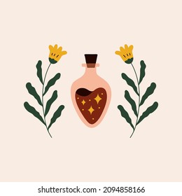 Abstract bohemian print with potion bottle and plants. Garmonical elegant contemporary decor. Modern vector  hand drawn illustration 