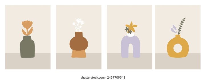 Abstract bohemian vases wall art design poster. Arrangements of pottery and ceramic pots, vases with leaves, plants, flowers. Nature home decoration print. Vector illustration