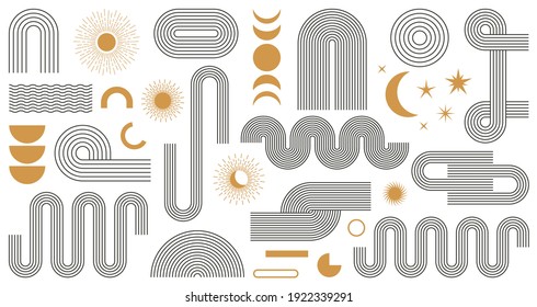 Abstract boho aesthetic geometric shape set. Contemporary mid century line design with sun and moon phases trendy bohemian style. Modern vector illustration