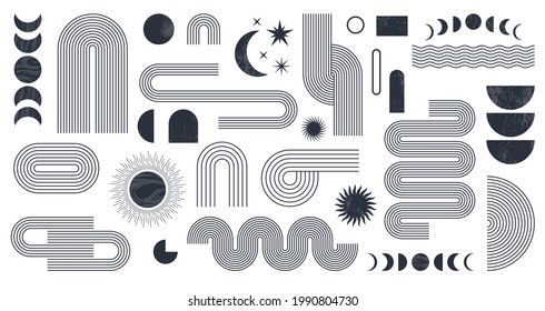 Abstract boho aesthetic geometric shape set with moon phases