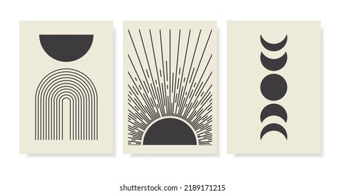 Abstract Boho Aesthetic Geometric Shapes. Boho Mid Century Design. Boho Wall Art Prints with Moon Phase. Modern Design with Sun Moon Arch. Vector Illustration.