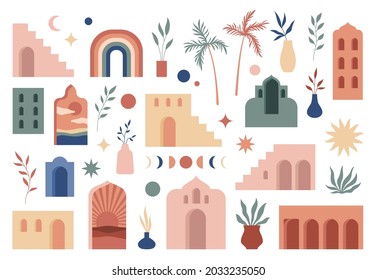 Abstract boho architecture. Buildings geometry elements, contemporary aesthetic simple style, minimalistic flat oriental forms. Doors and windows, sun moon and stars, vector isolated set