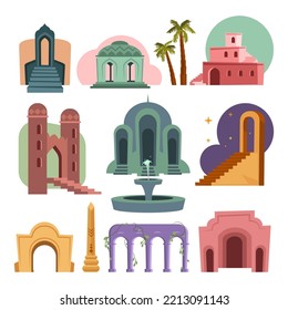 Abstrakter boho Architektur Set. Vektorgrafiken von minimalistischen Gebäuden mit geometrischem Stil. Cartoon minimalen Bogen und Treppen, Fenster und Türen einzeln auf weiß. Geometrie, Stadtkonzept