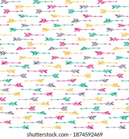 Abstract boho arrows vector seamless ornament. Ethnic aztec design. Tribal indian motive. Hand drawn arrows illustration. Boys room wallpaper pattern. Archery objects.