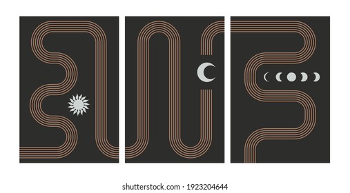 Abstract boho art posters. Contemporary line design sun stars moon phases, mid century bohemian wall decor, vector illustration