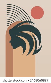 Abstract boho background of girl hair illustration. Mid century boho art background