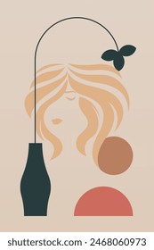 Abstract boho background of girl hair illustration. Mid century boho art background