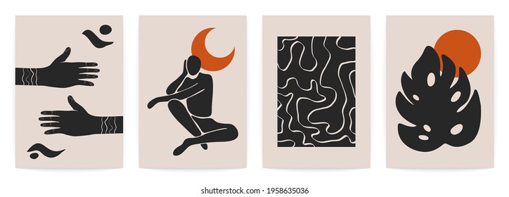 Abstract boho background set. Mid century human hands, body silhouette, flowers, sun moon. Vector illustration