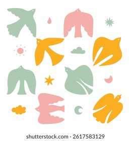 Abstract Boho Birds Icons set. Groovy And Wavy Organic Silhouette for Summer Dove Logos. Groovy colored Hand Drawn Coastal Design. Modern Poster with Irregular Pigeon Shapes. Naive Vector Art Style