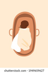 Abstract Boho Black Child Portrait. Baby Silhouette.Kid Wrapped In A Blanketin In The Basket. Minimalistic Vector Illustration Isolated On A White Background.