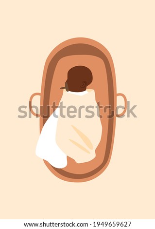 Abstract boho black child portrait. Baby silhouette.Kid wrapped in a blanketin in the basket. Minimalistic vector illustration isolated on a white background.
