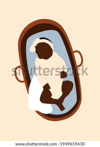 Abstract boho black child portrait. Baby girl silhouette.Kid in the basket. Minimalistic vector illustration isolated on a background.