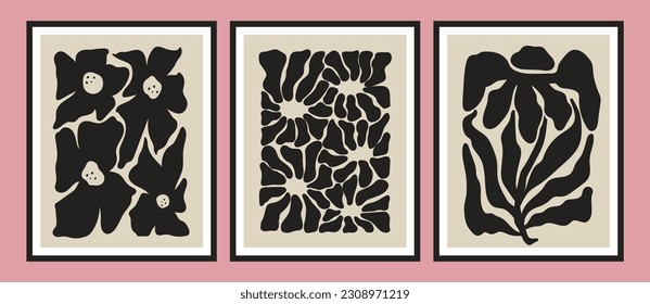 Abstract boho black flowers minimalistic aesthetic botanical wall arts with floral plants silhouettes composition isolated on white background decorative poster or cards series. Vector illustration