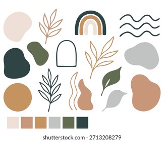 Abstract boho botanical elements with organic shapes, leaves, rainbows, arches and earthy neutral palette arranged as modern minimal decorative design collection. Vector illustration.