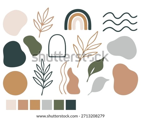 Abstract boho botanical elements with organic shapes, leaves, rainbows, arches and earthy neutral palette arranged as modern minimal decorative design collection. Vector illustration.