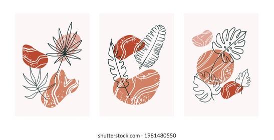 Abstract boho botanical poster. Plant abstraction poster organic shapes, neutral natural colors. Vector illustration	