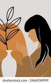 Abstract boho botany background with a girl illustration. Abstract boho art background