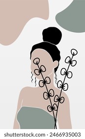 Abstract boho botany background with a girl illustration. Abstract boho art background