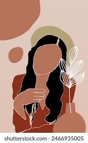 Abstract boho botany background with a girl illustration. Abstract boho art background