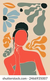 Abstract boho botany background with a girl illustration. Abstract boho art background