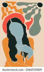 Abstract boho botany background with a girl illustration. Abstract boho art background